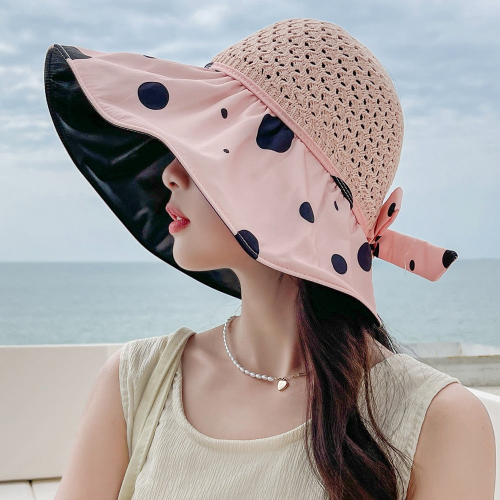 Summer Hats For Women Fashion Polka Dot Pattern Design Straw Hat  Empty Top Sun Hat Travel Beach Hat