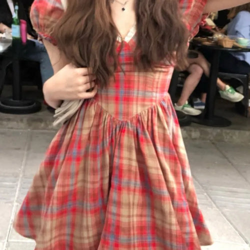 Load image into Gallery viewer, Y2k Vintage Plaid Kawaii Dress Women Korean Fashion Kpop Streetwear Puff Sleeve Mini Short Dresses Party
