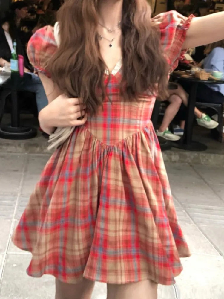 Y2k Vintage Plaid Kawaii Dress Women Korean Fashion Kpop Streetwear Puff Sleeve Mini Short Dresses Party