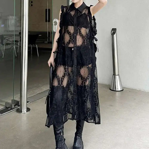 Load image into Gallery viewer, Women White Lace Perspective Ruffles Big Size Shirt Dress New Lapel Sleeveless Fashion Tide Spring Summer 2025 1DH6069
