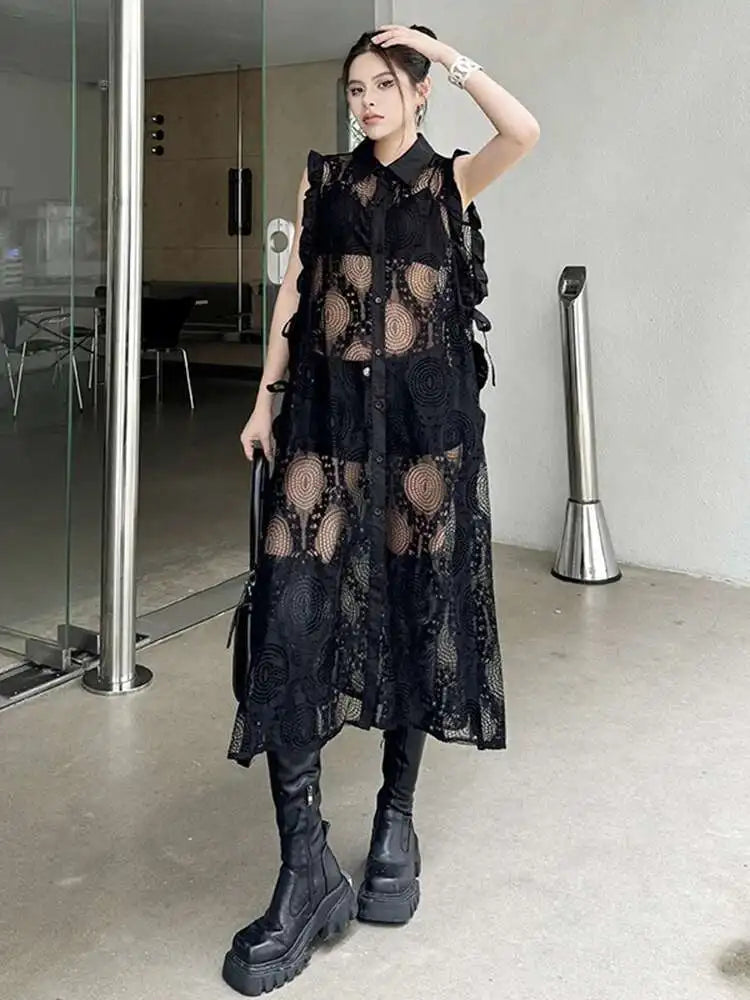 Women White Lace Perspective Ruffles Big Size Shirt Dress New Lapel Sleeveless Fashion Tide Spring Summer 2025 1DH6069