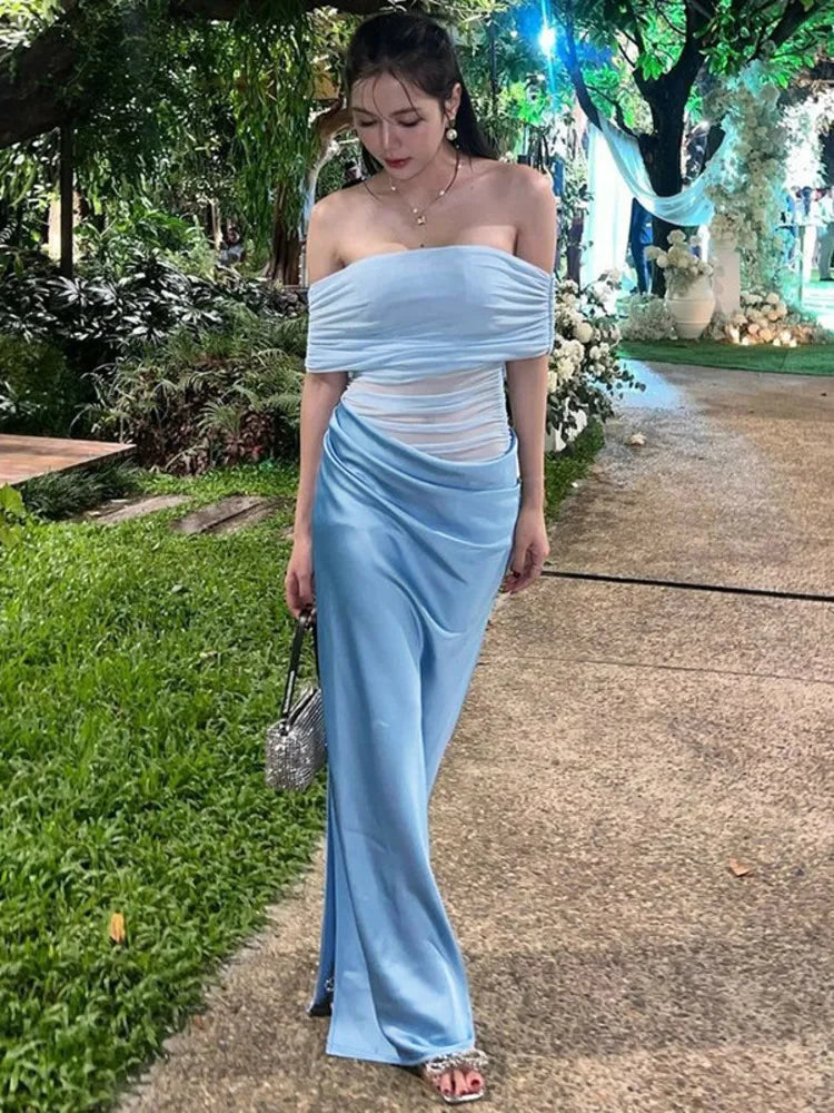 Off-shoulder Strapless Backless Sexy Maxi Dress For Women Gown Fashion Elegant Sleeveless Ruched Club Long Dress