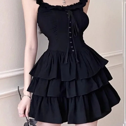 Load image into Gallery viewer, Gothic Lolita Kawaii Slip Dress Soft Girl Goth Harajuku Off Shoulder Backless Sexy Black Ruffles Party Dresses Y2k
