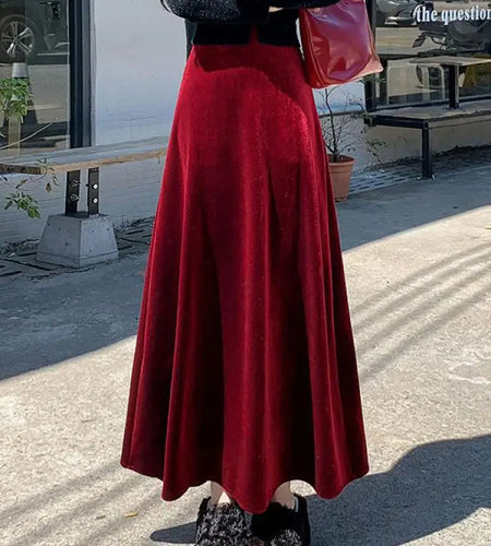 Korean Style Women Red Elegant Vacation Pleated Long Skirt 2024 Autumn Winter New Black High Waist Party Velvet Skirt Thick Chic