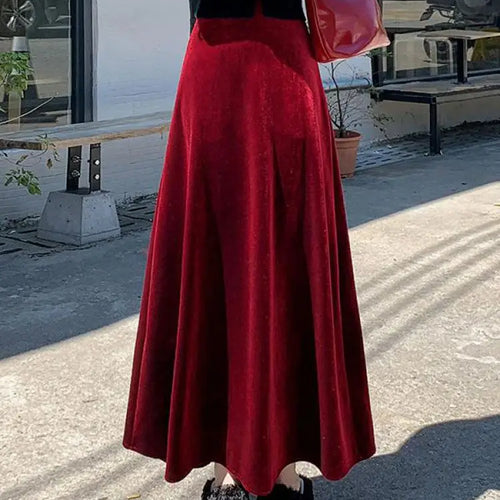 Load image into Gallery viewer, Korean Style Women Red Elegant Vacation Pleated Long Skirt 2024 Autumn Winter New Black High Waist Party Velvet Skirt Thick Chic
