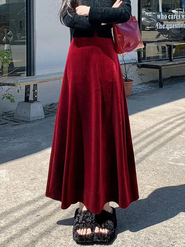 Korean Style Women Red Elegant Vacation Pleated Long Skirt 2024 Autumn Winter New Black High Waist Party Velvet Skirt Thick Chic