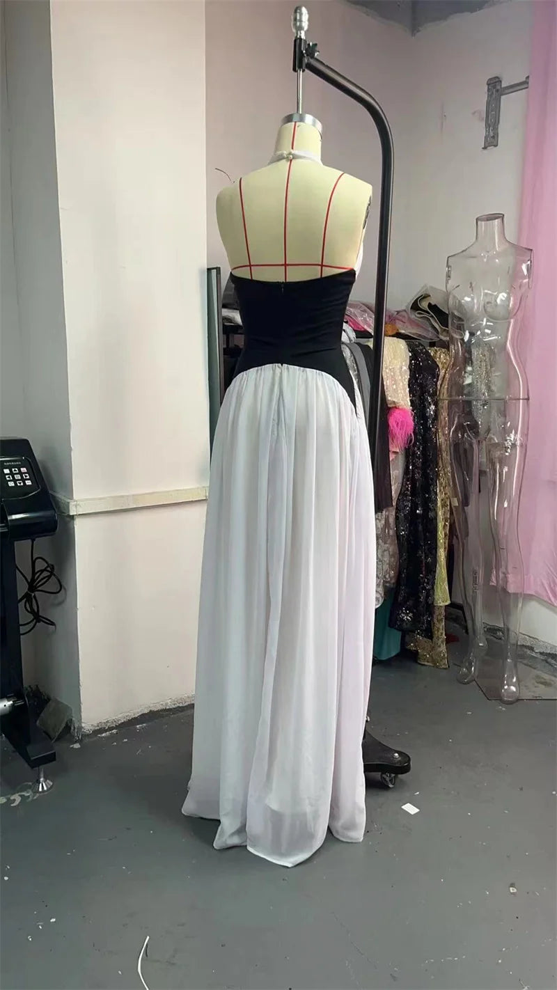 Halter Deep V Neck Backless Sexy Maxi Dress Women Gown Fashion Patchwork Sleeveless High Waist Club Party Long Dress