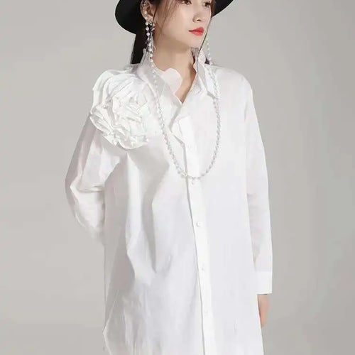 Load image into Gallery viewer, Women White Flower Big Size Long Blouse New Ruffles Collar Long Sleeve Shirt Fashion Tide Spring Autumn 2025 1DH4787
