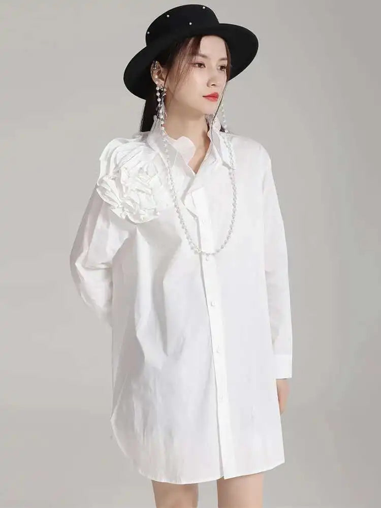Women White Flower Big Size Long Blouse New Ruffles Collar Long Sleeve Shirt Fashion Tide Spring Autumn 2025 1DH4787