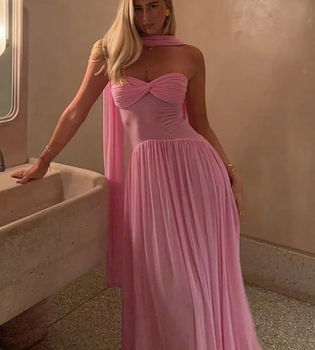 Scarf Collar Backless Sexy Maxi Dress For Women Gown Pink Strapless Off-shoulder Backless Mesh Long Dress Vestido