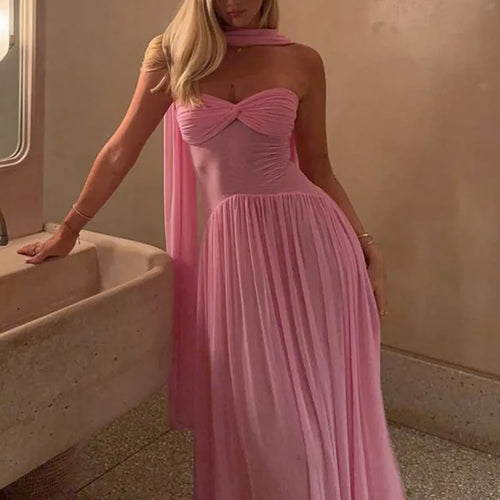 Load image into Gallery viewer, Scarf Collar Backless Sexy Maxi Dress For Women Gown Pink Strapless Off-shoulder Backless Mesh Long Dress Vestido
