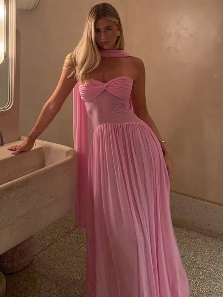 Scarf Collar Backless Sexy Maxi Dress For Women Gown Pink Strapless Off-shoulder Backless Mesh Long Dress Vestido