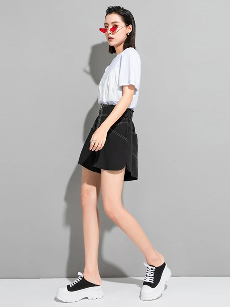 Women Black Topstitched Zipper Pocket Wide Leg Shorts New High Waist Trousers Fashion Tide Spring Summer 2025 1DJ1054