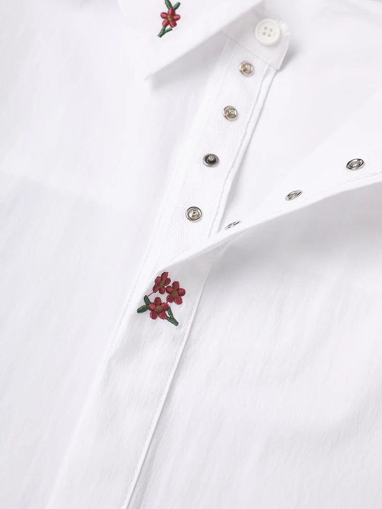 Women White Embroidery Big Size Elegant Blouse New Lapel Long Sleeve Shirt Fashion Tide Spring Autumn 2025 CPG3311