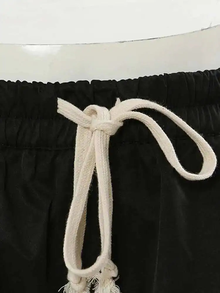 Women Black Irregular Zipper Drawstring Wide Leg Shorts New High Waist Trousers Fashion Tide Spring Summer 2025 1DH4518