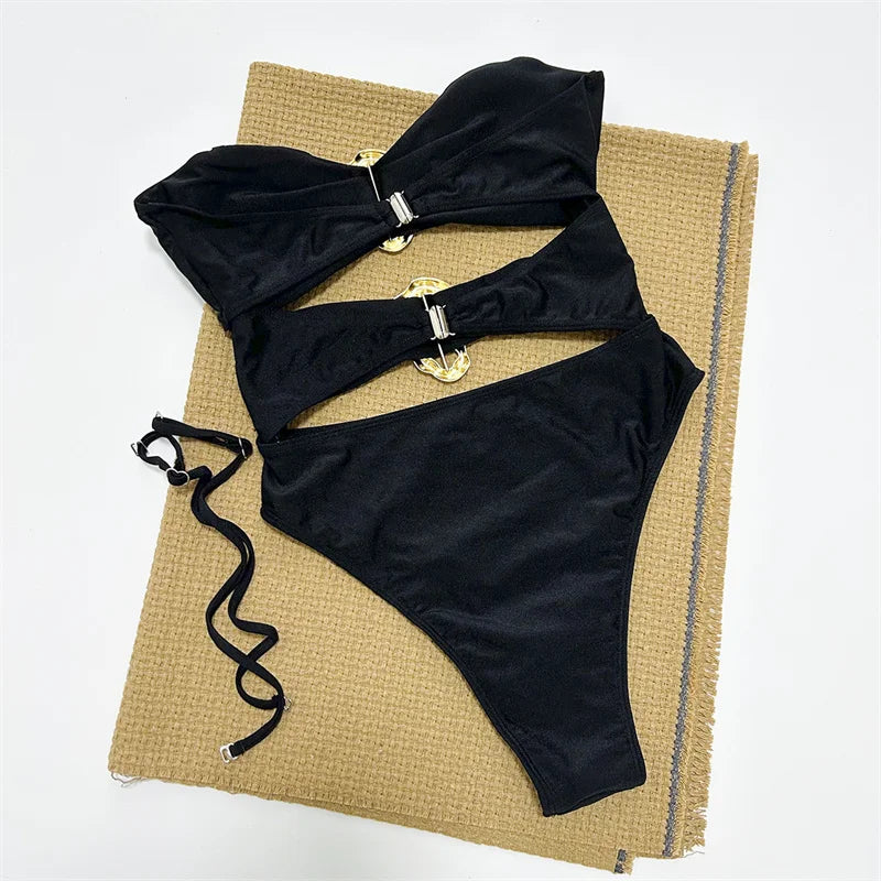 Sexy Metal Rings Cut Out Women Swimwear Bandeau One Piece Swimsuit Hollow Out Female Monokini Bathing Suit