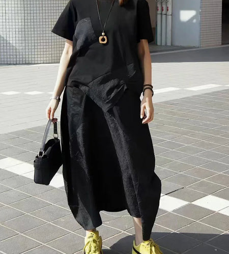 Women Black Pleated Irregular Big Size Casual T-shirt New Round Neck Short Sleeve Fashion Tide Spring Summer 2025 1DJ0412