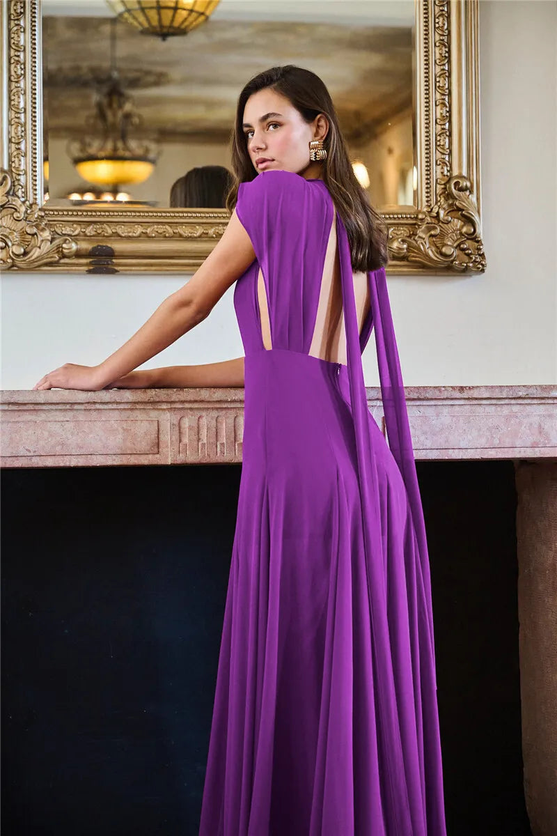 Deep V Neck High Split Sexy Maxi Dress For Women Fashion Purple Sleeveless Backless Long Tank Dress Femme Elegant Dress
