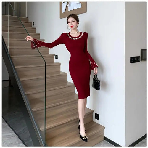 Load image into Gallery viewer, Korean Solid Pearl Simple Round Neck Long Sleeved Knitting Dress Women Elegant Long Sleeve Office Dress Autumn Winter 2024 Trend
