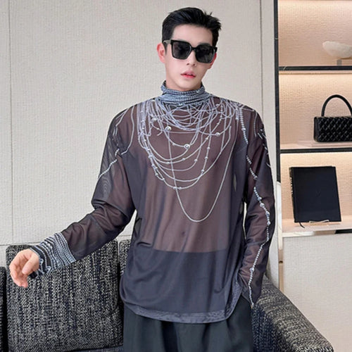 Load image into Gallery viewer, Men&#39;s T-shirt New Trendy Pearl Printing Contrast Color Stand Collar Baggy Male Long Sleeve Tops Niche Design Spring 9C4953
