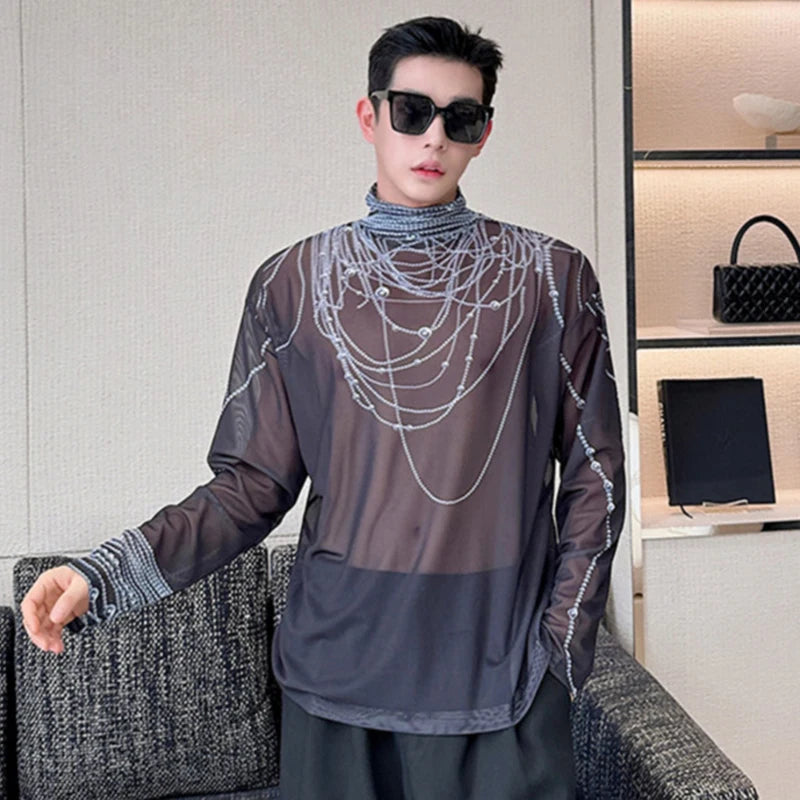 Men's T-shirt New Trendy Pearl Printing Contrast Color Stand Collar Baggy Male Long Sleeve Tops Niche Design Spring 9C4953