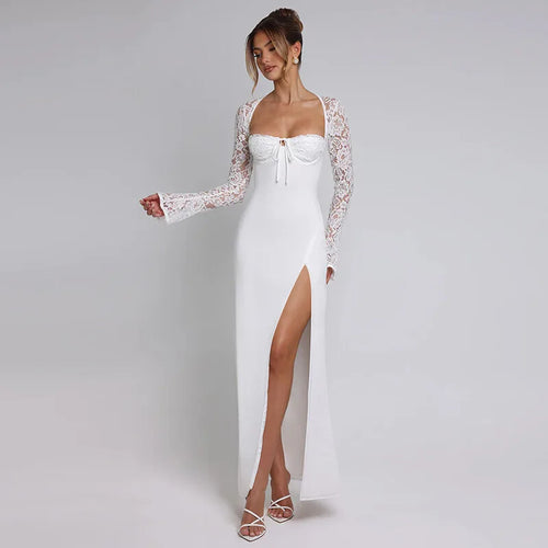 Load image into Gallery viewer, Lace Long Sleeve Sexy Maxi Dress Women Autumn New Square Collar Backless Lace-up High Split Sexy Club Party Long Dress
