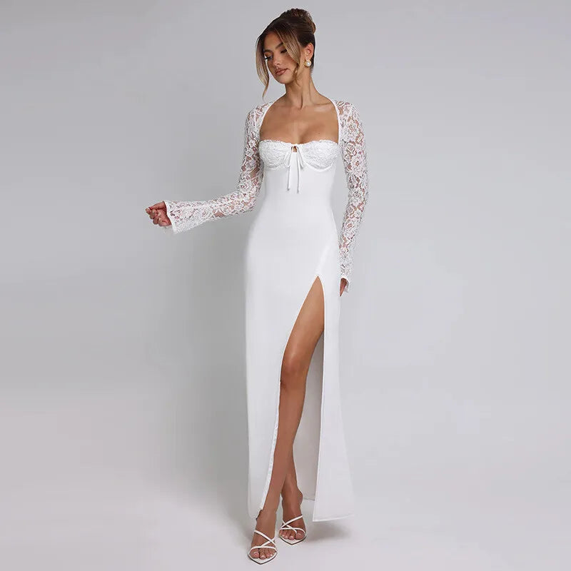 Lace Long Sleeve Sexy Maxi Dress Women Autumn New Square Collar Backless Lace-up High Split Sexy Club Party Long Dress