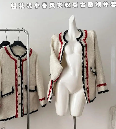 Retro Beige Patchwork Round Neck Woolen Coat Women Long Sleeve Thick Single Breasted Jacket 2024 Autumn Winter Casual Ladies Y2k