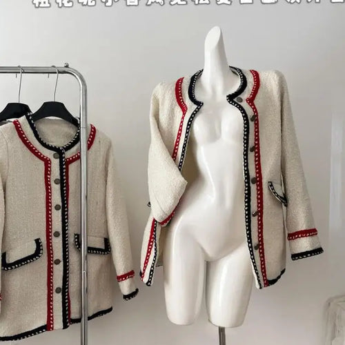 Load image into Gallery viewer, Retro Beige Patchwork Round Neck Woolen Coat Women Long Sleeve Thick Single Breasted Jacket 2024 Autumn Winter Casual Ladies Y2k
