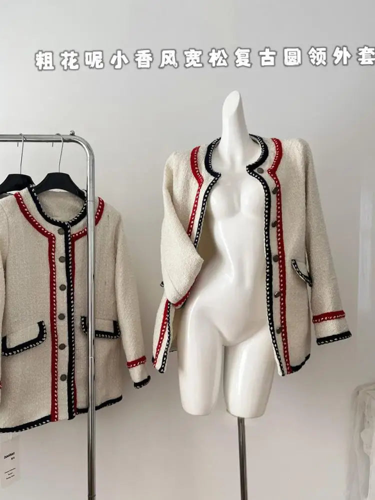 Retro Beige Patchwork Round Neck Woolen Coat Women Long Sleeve Thick Single Breasted Jacket 2024 Autumn Winter Casual Ladies Y2k