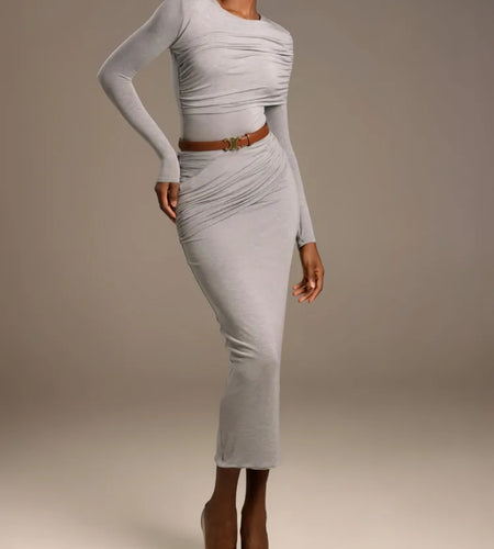 Fashion Round Neck Long Sleeve Elastic Tight Dress For Women 2025 Spring New Elegant Party Dress Slim Medium Long Dress