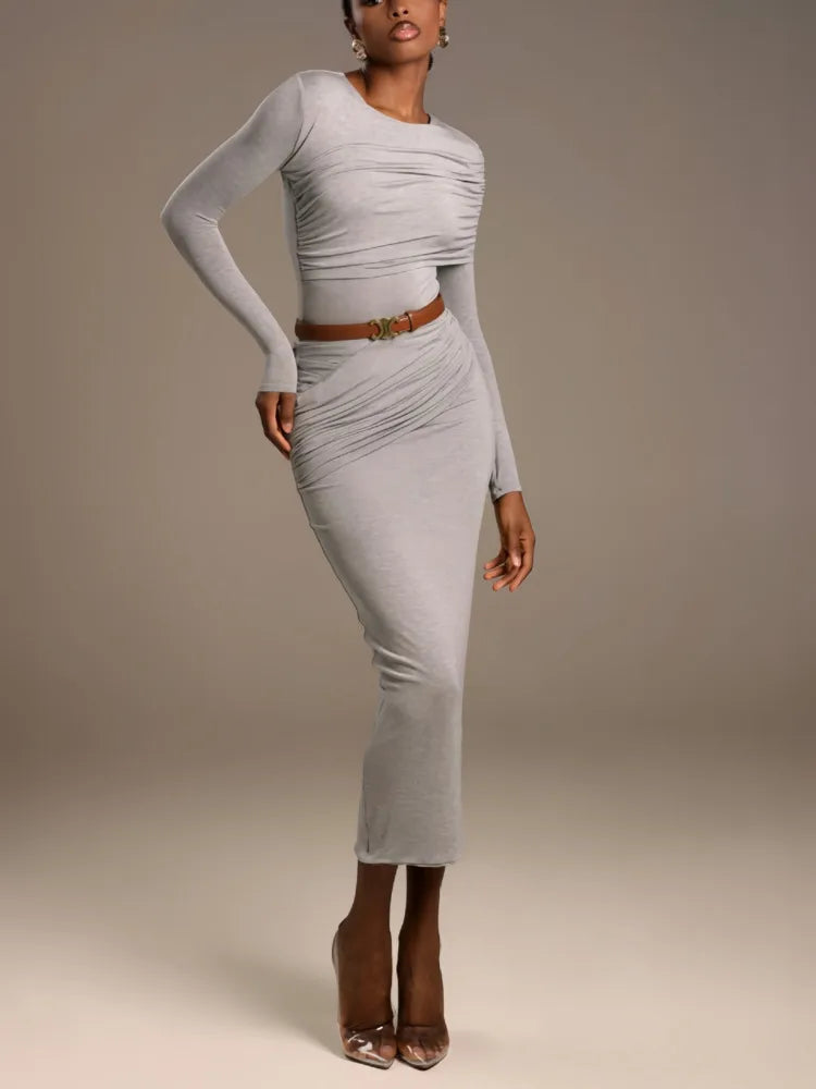 Fashion Round Neck Long Sleeve Elastic Tight Dress For Women 2025 Spring New Elegant Party Dress Slim Medium Long Dress