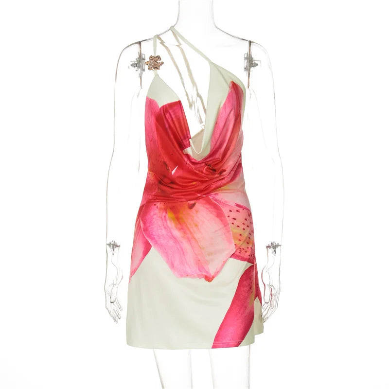 One Shoulder Backless Print Sexy Mini Dress Women Summer New Hollow Out Sleeveless Ruched Beach Club Party Dress