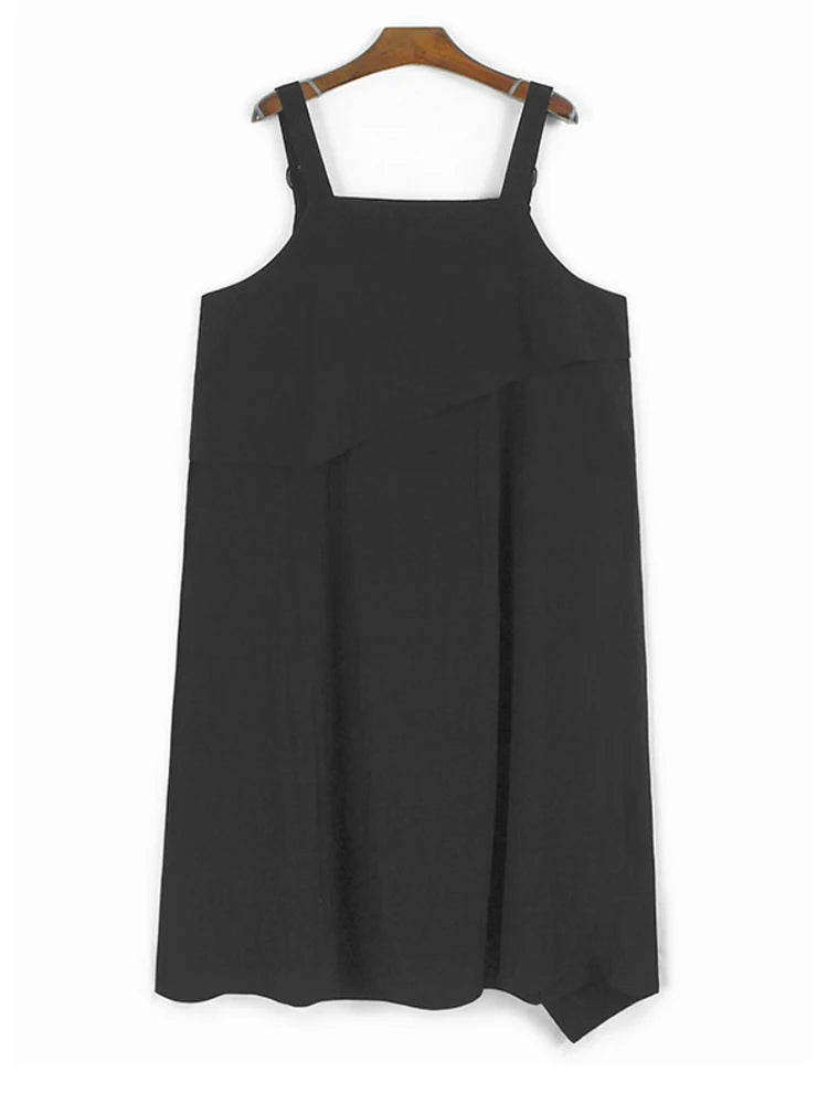 Women Black Irregular Big Size Midi Strap Dress New Square Collar Sleeveless Fashion Tide Spring Autumn 2025 1DJ1229