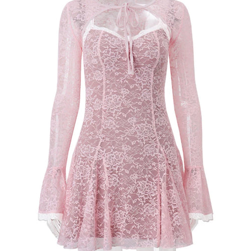 Load image into Gallery viewer, Lace Flare Long Sleeve Sexy Mini Dress For Women Robe Autumn New Pink O Neck A-line High Waist Pleated Dress Elegant
