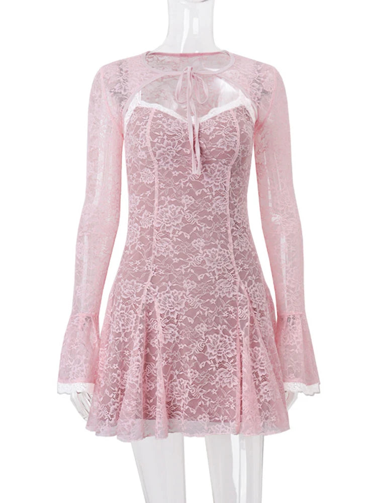 Lace Flare Long Sleeve Sexy Mini Dress For Women Robe Autumn New Pink O Neck A-line High Waist Pleated Dress Elegant