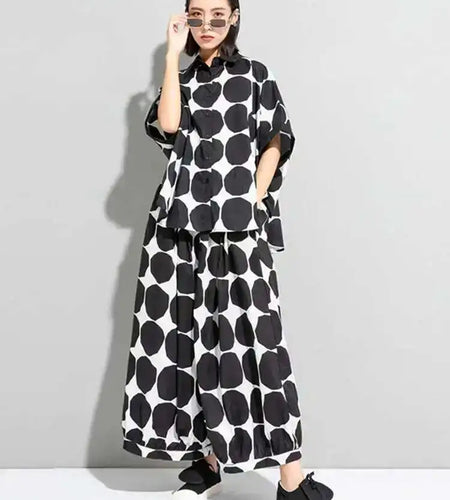 Women Black Dot Printed Big Size Blouse New Lapel Three-quarter Sleeve Loose Fit Shirt Fashion Spring Summer 2025 1DE6982