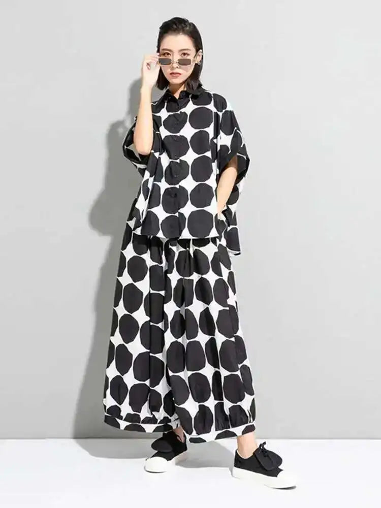 Women Black Dot Printed Big Size Blouse New Lapel Three-quarter Sleeve Loose Fit Shirt Fashion Spring Summer 2025 1DE6982