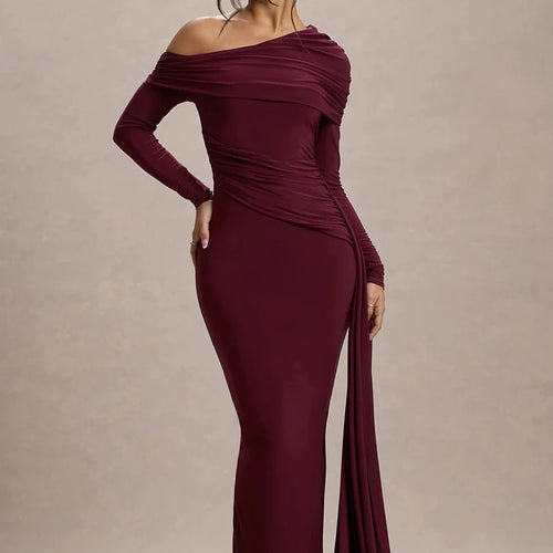 Load image into Gallery viewer, Skew Collar Long Sleeve Sexy Maxi Dress For Women Gown Fashion Backless Draped Ruched Bodycon Club Long Dress Elegant
