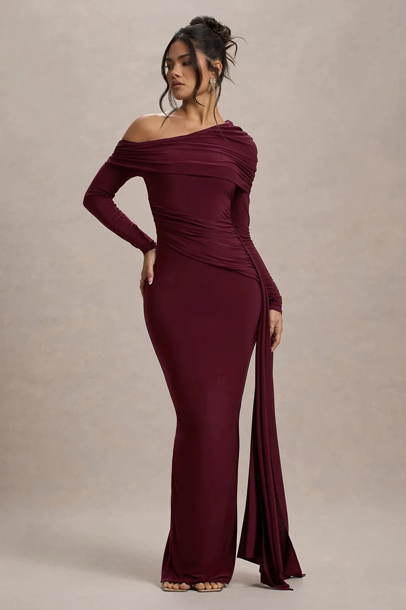 Skew Collar Long Sleeve Sexy Maxi Dress For Women Gown Fashion Backless Draped Ruched Bodycon Club Long Dress Elegant