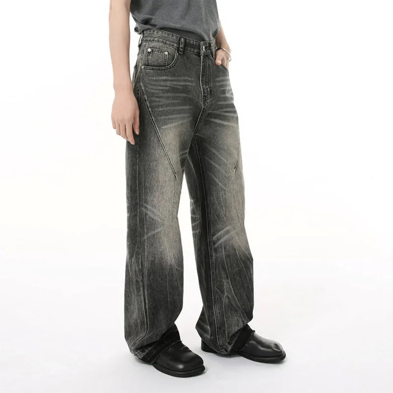 Men's Jeans New Summer American Style Washed Cat Whiskers Design Curved Knife Wide Leg Trendy Casual Male Clothing 9W1687