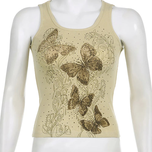 Load image into Gallery viewer, Y2K Vintage Fairycore Butterfly Print Vest Ribbed Women Tops Tank Rhinestone 2000s Aesthetic Summer Crop Top Outfits
