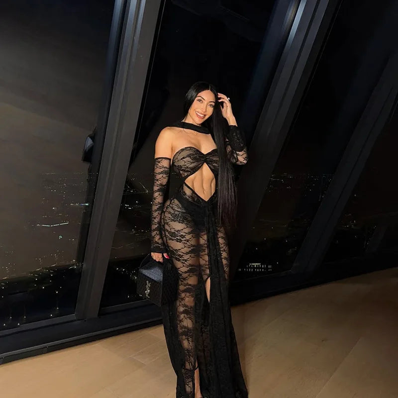 Lace See Through Strapless Sexy Maxi Dress For Women Gown Halter Hollow Out Sleeveless Backless High Split Long Dress