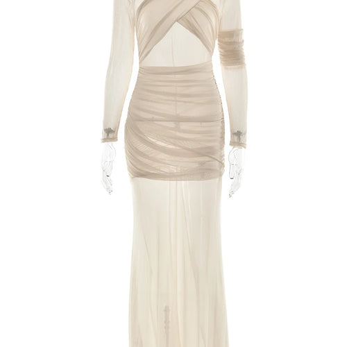 Load image into Gallery viewer, Mesh Patchwork Sheer Maxi Dress For Women Sexy Ruched Long Sleeve Bodycon Party Club Evening Dresses Elegant Vestido Robe
