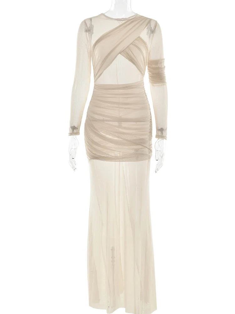 Mesh Patchwork Sheer Maxi Dress For Women Sexy Ruched Long Sleeve Bodycon Party Club Evening Dresses Elegant Vestido Robe