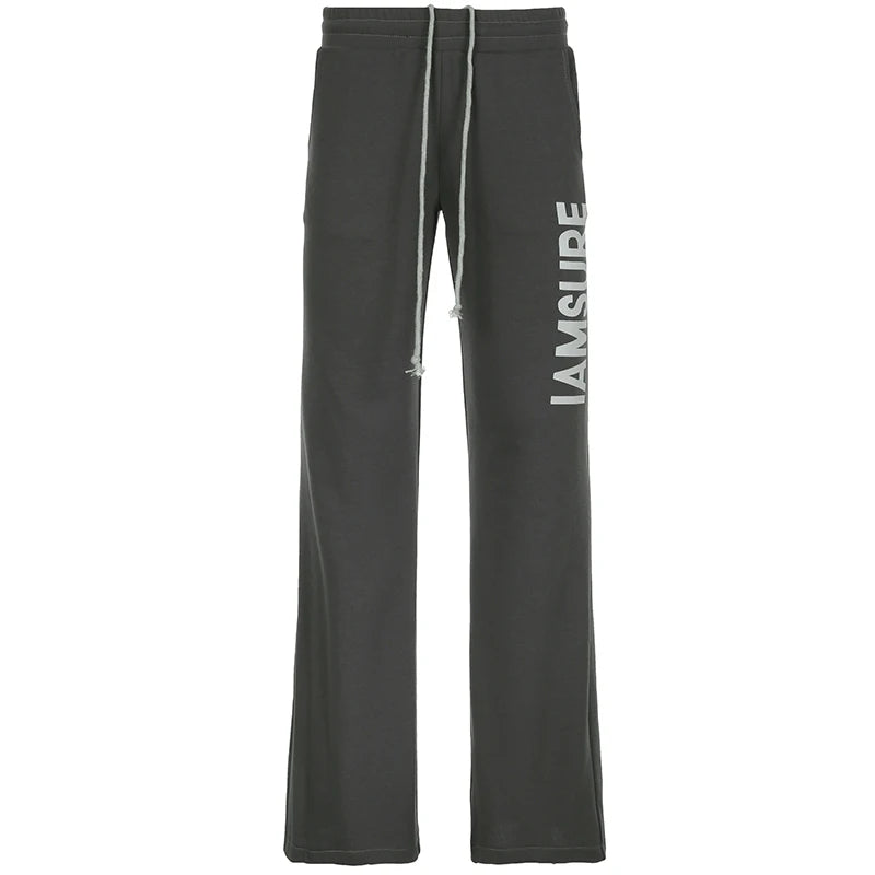 Casual Letter Printing Knitted Women Autumn Pants Harajuku Drawstring Rolled Sweatpants Elastic Waist Trousers Sporty