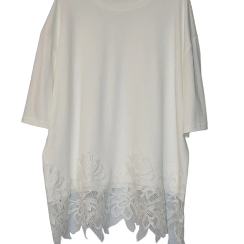 Load image into Gallery viewer, Women Black Hem Lace Spliced Big Size Casual T-shirt New Round Neck Half Sleeve Fashion Tide Spring Summer 2025 1DJ0895
