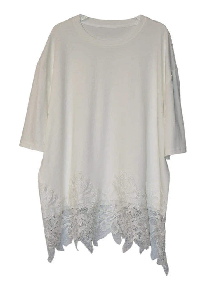 Women Black Hem Lace Spliced Big Size Casual T-shirt New Round Neck Half Sleeve Fashion Tide Spring Summer 2025 1DJ0895