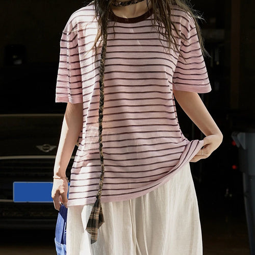 Load image into Gallery viewer, Yellow Stripe Thin Big Size Knitting Sweater Round Neck Half Sleeve Women Pullovers New Fashion Spring Summer 2025 1DJ1626
