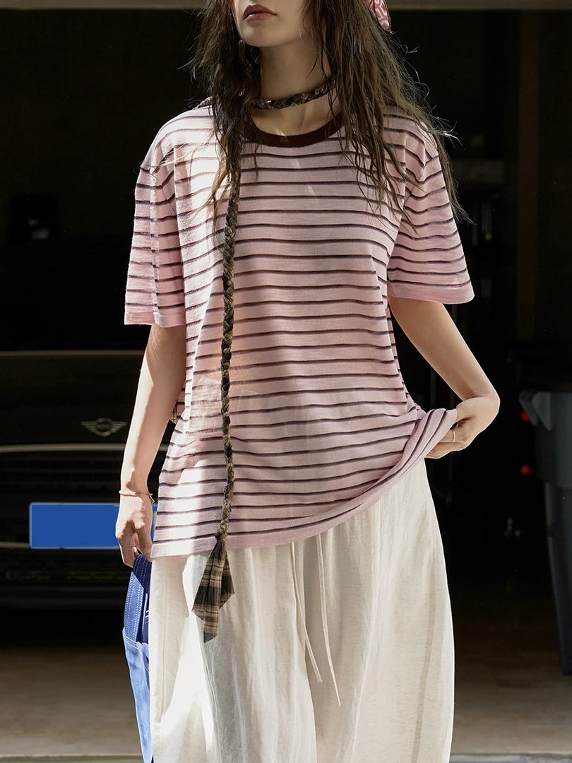 Yellow Stripe Thin Big Size Knitting Sweater Round Neck Half Sleeve Women Pullovers New Fashion Spring Summer 2025 1DJ1626